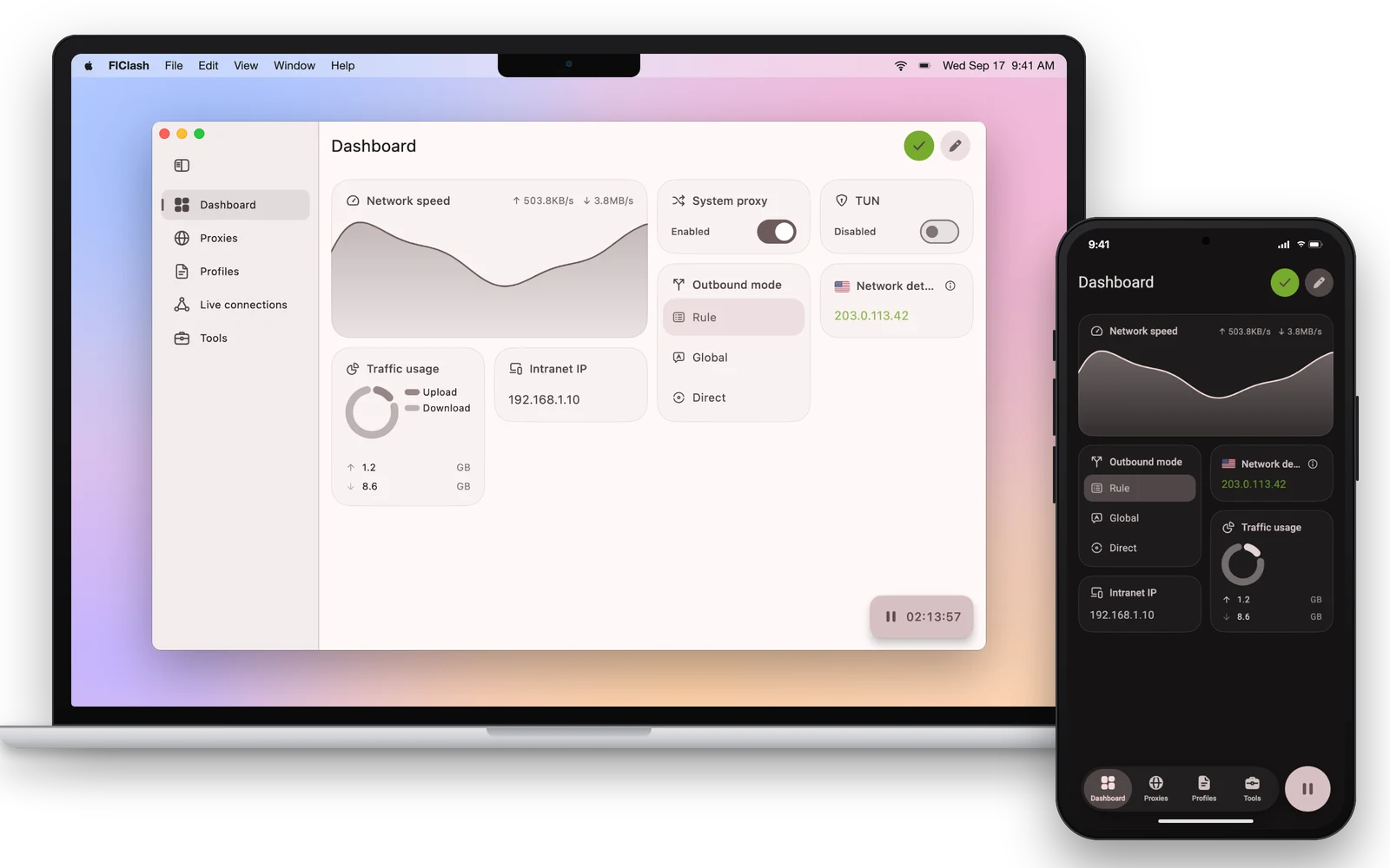 官方 v0.8.99 标签下的 preview.png:桌面示例为 macOS,手机是布局展示;用于认识 FlClash,不是本次 Windows 或手机实拍。